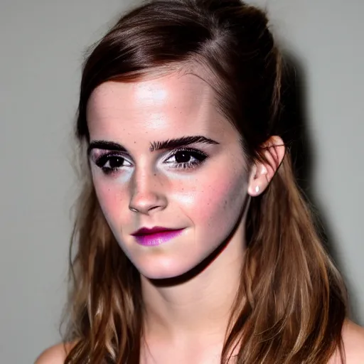 Image similar to Portrait photography of Emma Watson with glowing purple eyes