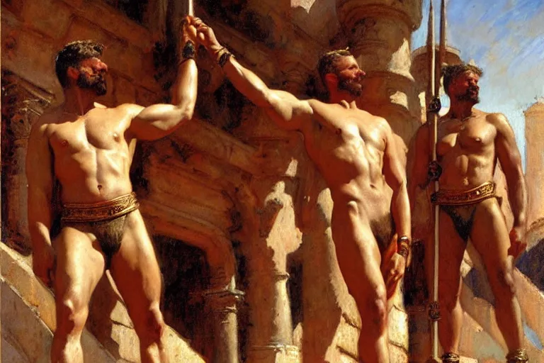 Image similar to male gladiators, painting by gaston bussiere, craig mullins, j. c. leyendecker, tom of finland