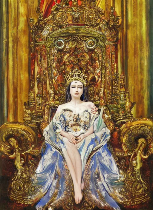 Image similar to oil painting of portait Queen of Ecstasy in a large throne room, Hungarian, by Yoshitaka Amano