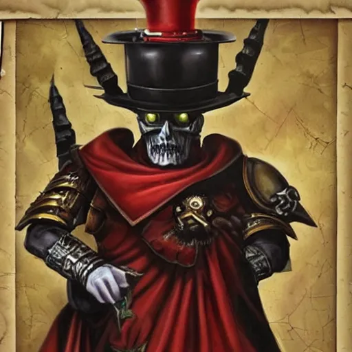 Image similar to warhammer 4 0 k portrait of a man with only one eye and wearign a red top hat in the service of the chaos gods