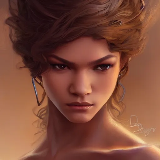 Prompt: beautiful young zendaya, closeup, d & d, fantasy, intricate, elegant, highly detailed, digital painting, artstation, concept art, matte, sharp focus, illustration, art by artgerm and greg rutkowski and alphonse mucha