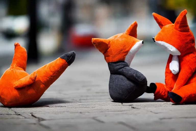 Prompt: Two fabric stuffed animal toy fox plushies fighting on the sidewalk, dynamic, motion blur, 1/4 shutter speed, award winning photography