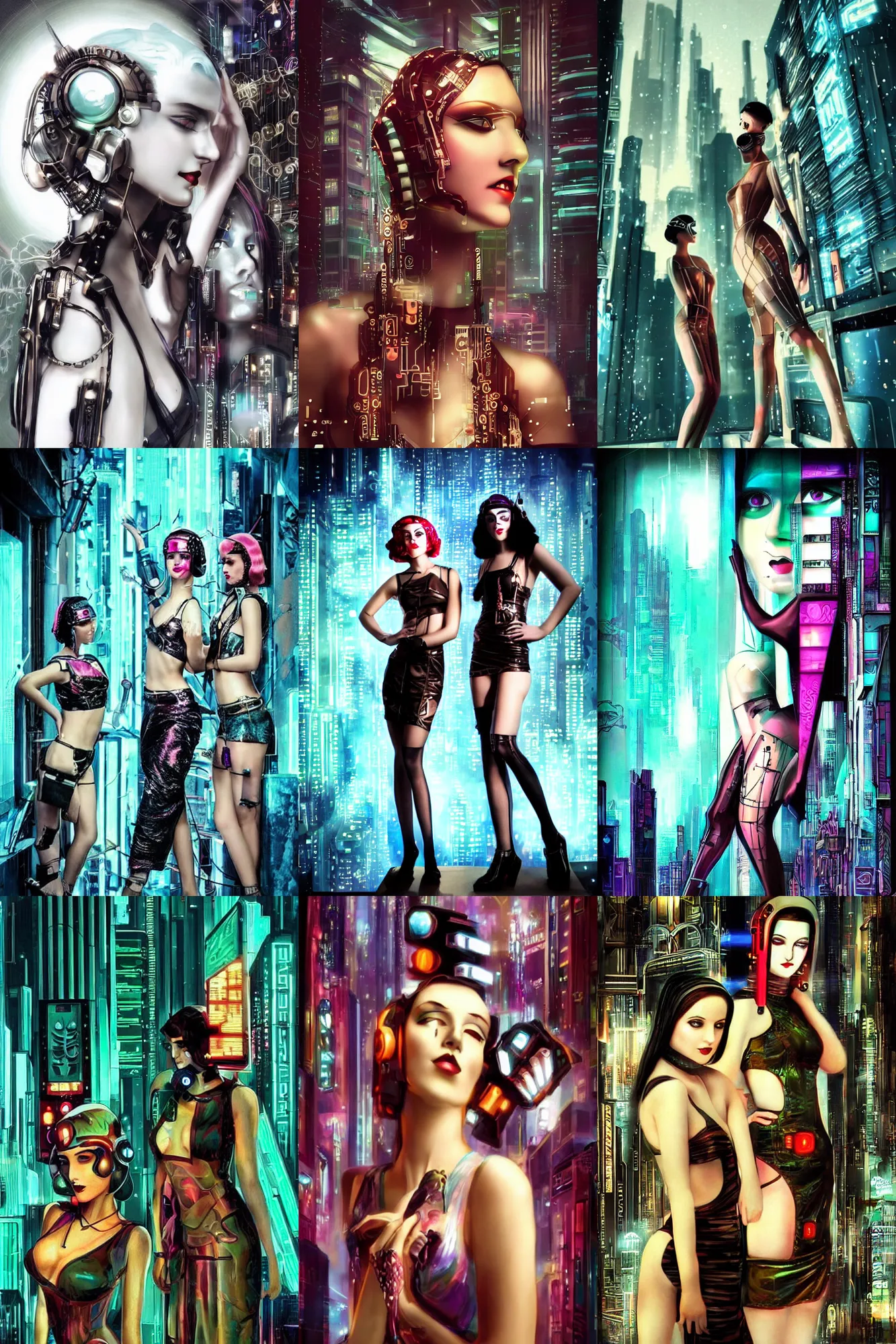 Prompt: beautiful photo of Art Deco cyberpunk girls