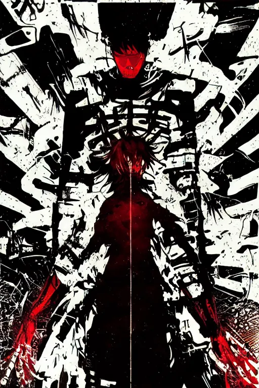 Prompt: professionally drawn seinen mature cyberpunk military horror action manga comic cover, full color, beautifully drawn coherent professional, drawn by ilya kuvshinov, ilya kuvshinov, satoshi kon, kentaro miura, dave mckean, tsutomu nihei. japanese script kanji hiragana on the cover. minimalist stylized cover art. yellow red cel shaded