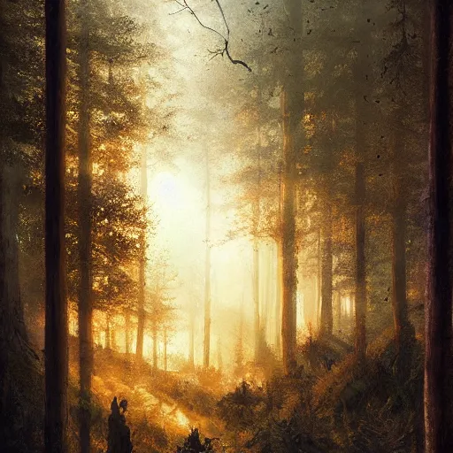 Image similar to view from window, beautiful forest, sunset, high detail, dramatic light, digital art, dark, painted by seb mckinnon and greg rutkowski, trending on artstation