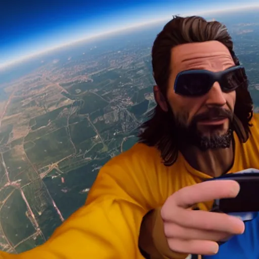 Image similar to jesus taking a selfie while skydiving, gta artstyle, wide shot, dramatic lighting, octane render, hyperrealistic, high quality, highly detailed, HD, beautiful, cinematic, 8k, unreal engine, facial accuracy, symmetrical