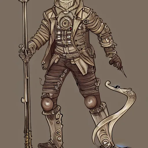 Prompt: a full body illustration of a lovecraft steampunk warrior