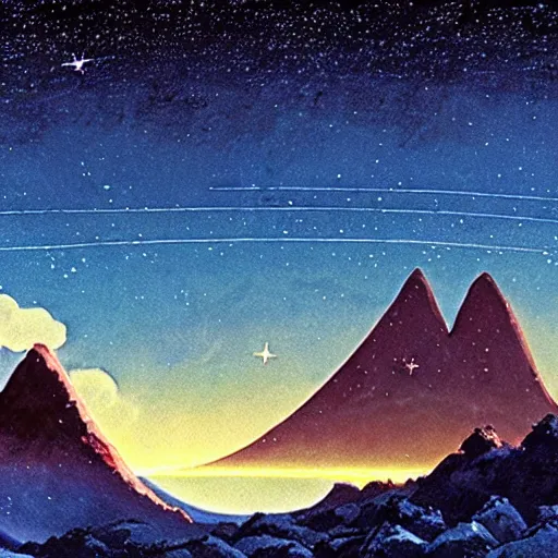 Image similar to a mountain with a star trail in the sky, a detailed matte painting by studio ghibli, cg society, symbolism, toonami, matte painting, reimagined by industrial light and magic