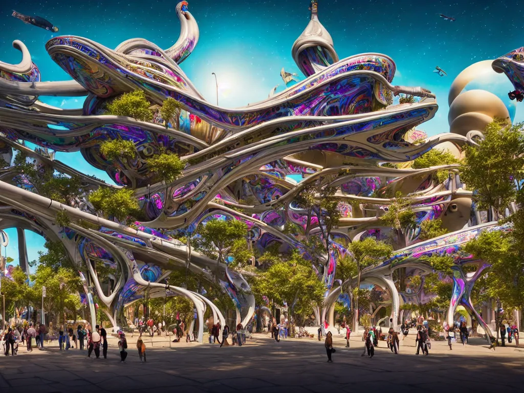 Image similar to a busy elaborate ornate outdoor science museum, cinematic, shadows, 4 k, detailed, by zaha hadid and lisa frank and peter jackson and ridley scott and beeple and greg rutowski