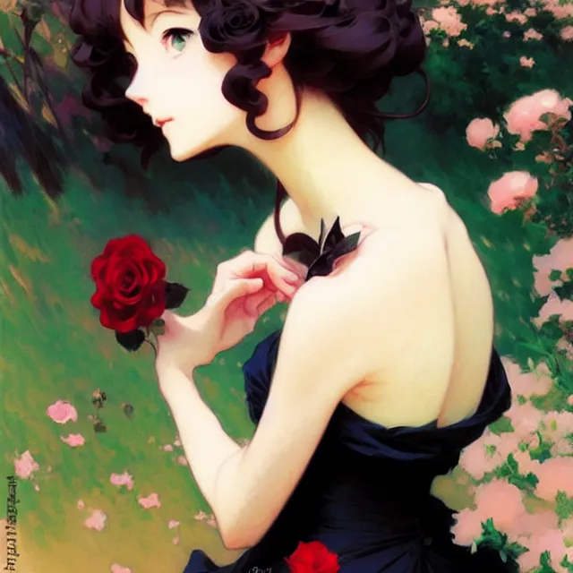 Image similar to beautiful rose anime girl in elegent black dress, krenz cushart, mucha, ghibli, by joaquin sorolla rhads leyendecker, by ohara koson