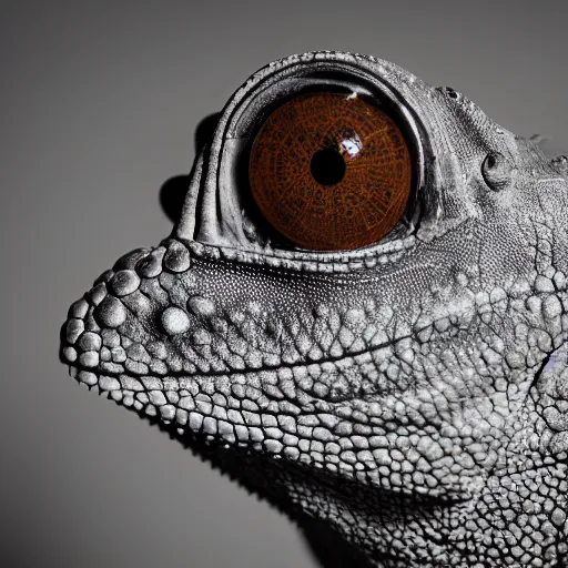 Image similar to closeup wet plate photograph of a chameleon, daugerrotype, collodion photography, studio lights, eye catching, exxagerated texture
