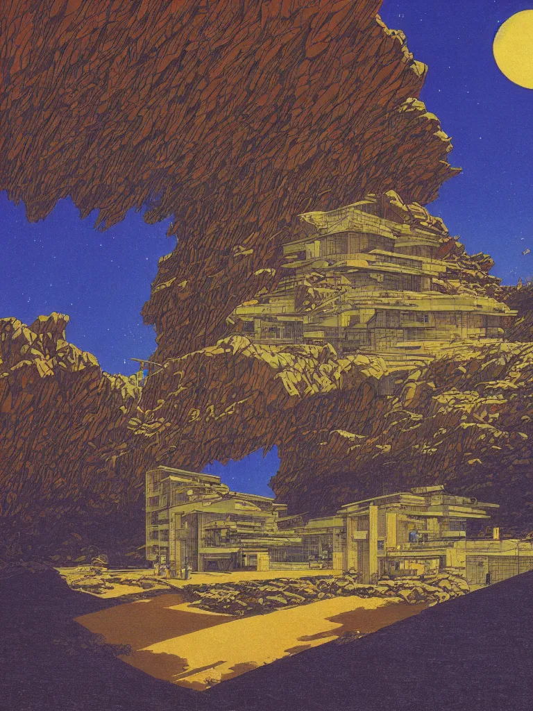 Image similar to a psychedelic hallucination of a brutalist hotel on the surface of an asteroid near saturn, by kawase hasui, moebius, edward hopper, colorful flat surreal design, dramatic lighting, hd, 8 k, artstation