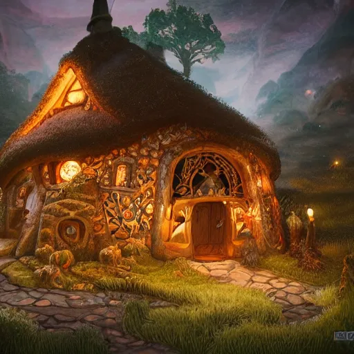 Image similar to a medieval hobbit house made of ginger bread, ornate, beautiful, atmosphere, vibe, flowers, concept art illustration, color page, 4 k, tone mapping, doll, akihiko yoshida, james jean, andrei riabovitchev, marc simonetti, yoshitaka amano, digital illustration, greg rutowski, volumetric lighting, sunbeams, particles