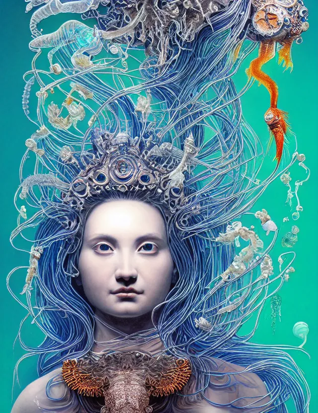 Image similar to goddess macro shouler portrait from bottom to top in crown made of ram skull. betta fish, jellyfish phoenix, bioluminiscent, plasma, ice, water, wind, creature, super intricate ornaments artwork by tooth wu and wlop and alex prager and greg rutkowski