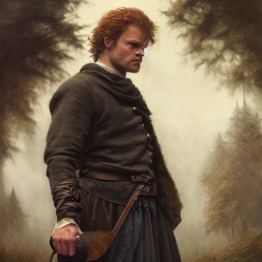 Prompt: Beautiful hyperrealistic detailed matte portrait painting of Jamie Fraser, by andreas rocha and john howe, and Martin Johnson