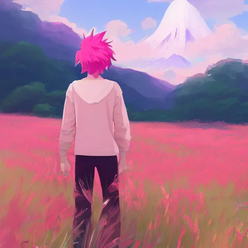 Image similar to pink haired teen boy, flower fields and mountains in the background, digital painting, artstation, highly detailed, by makoto shinkai and thomas kindle and James gilleard