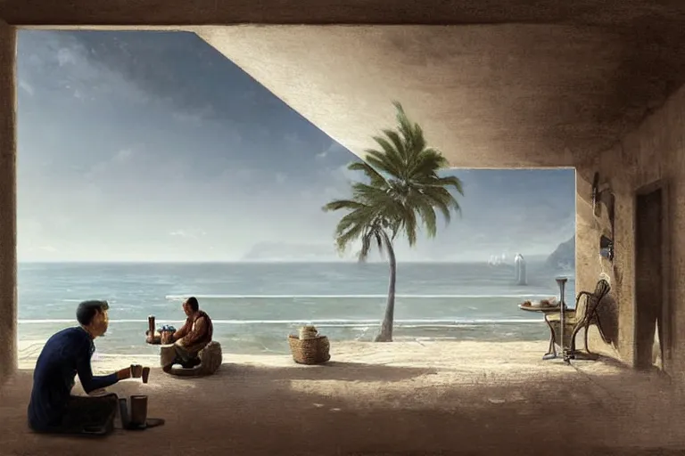 Prompt: a matte painting of a man sitting down and having a cup of tea in his house by the beach, by greg rutkowski,