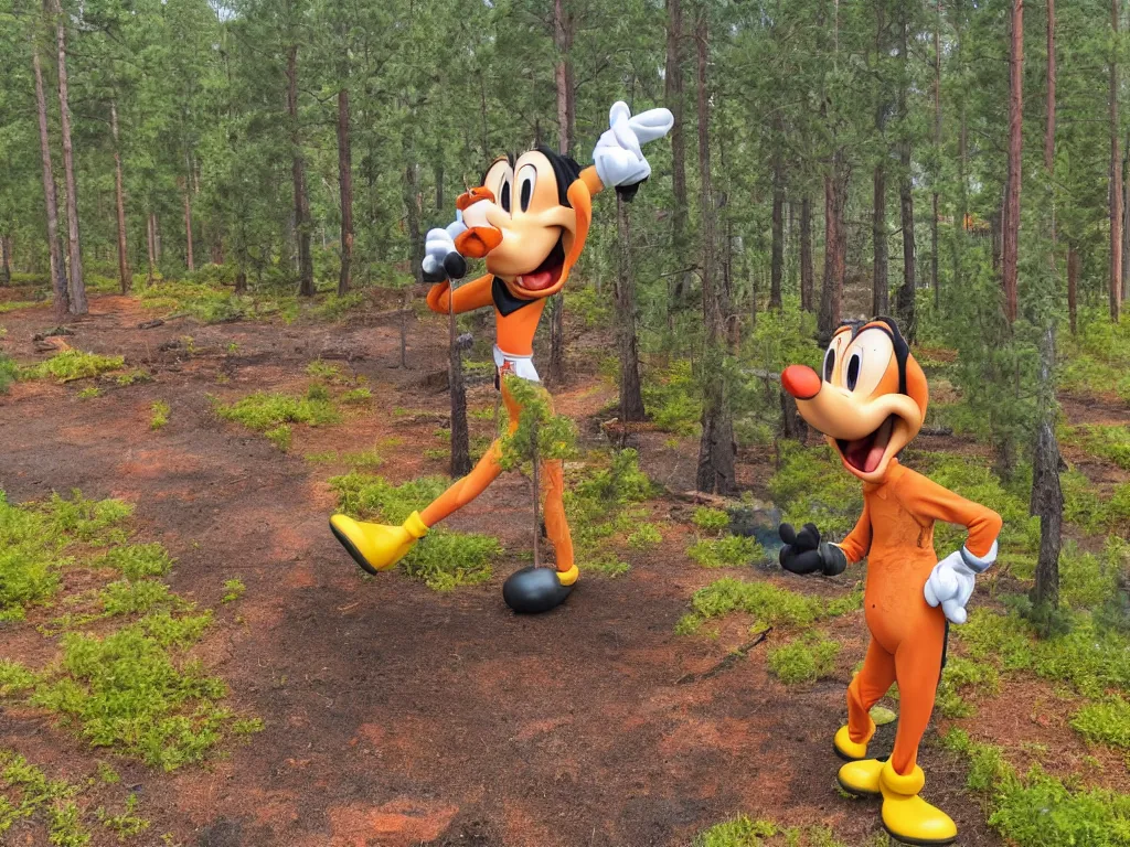 Prompt: disney's goofy trying to put out a forest fire by peeing on it somewhere in southern finland