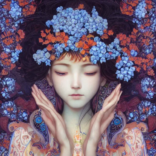 Image similar to breathtaking detailed concept art painting of the goddess of nemophila flowers, orthodox saint, with anxious, piercing eyes, ornate background, amalgamation of leaves and flowers, by Hsiao-Ron Cheng, James jean, Miho Hirano, Hayao Miyazaki, extremely moody lighting, 8K