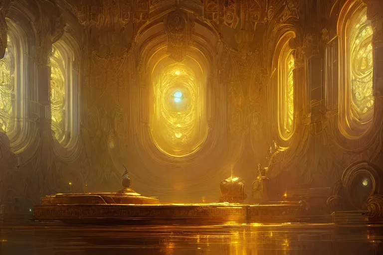 Image similar to a background matte painting for a scifi religious room with chambers of bubbling liquid gold intricate digital painting artstation concept art smooth sharp focus illustration, art by artgerm and greg rutkowski and alphonse mucha