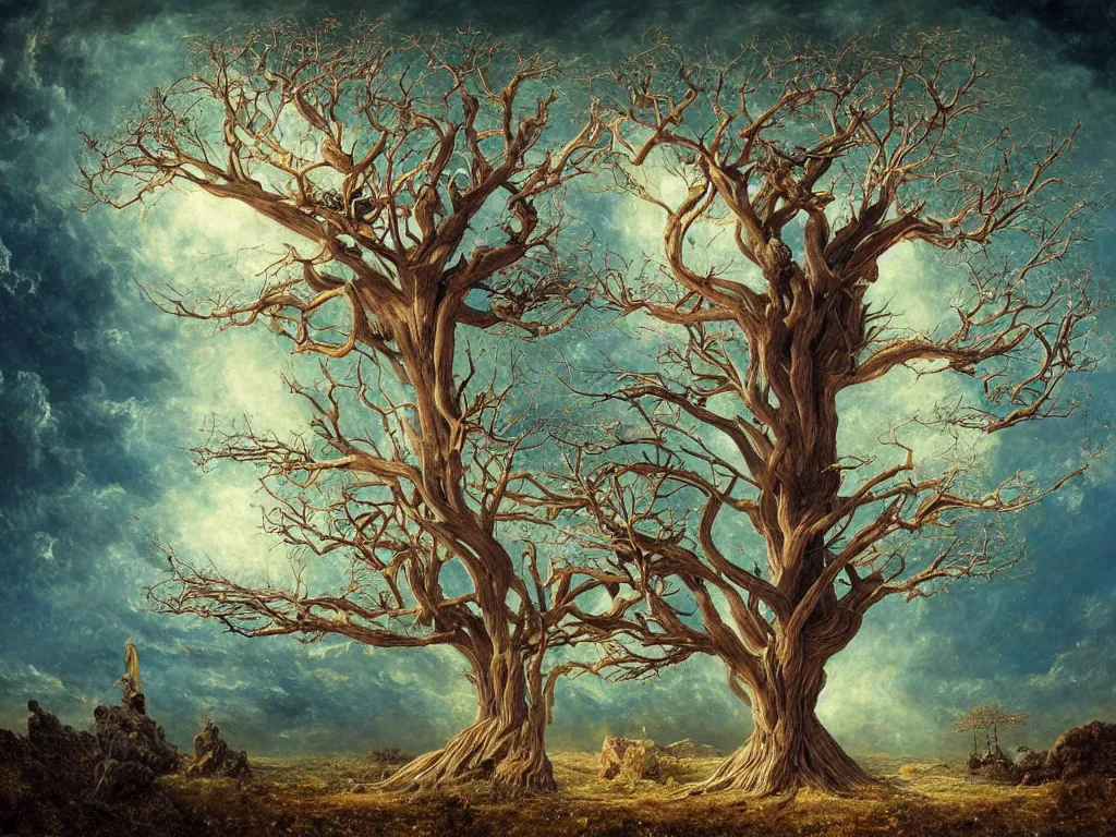 Prompt: a artistic multicalors zoom out picture with singular human -tree with crown like mycelium branches highly detailed by Agostino Arrivabene, by Albert Bierstadt, by Albert Koetsier, by Agnes Cecile and by Agnes Lawrence Pelton