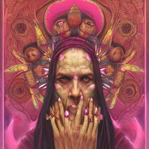 Image similar to wise old Indian guru, multiple arms, pink and gold , by Anato Finnstark, Tom Bagshaw, Brom