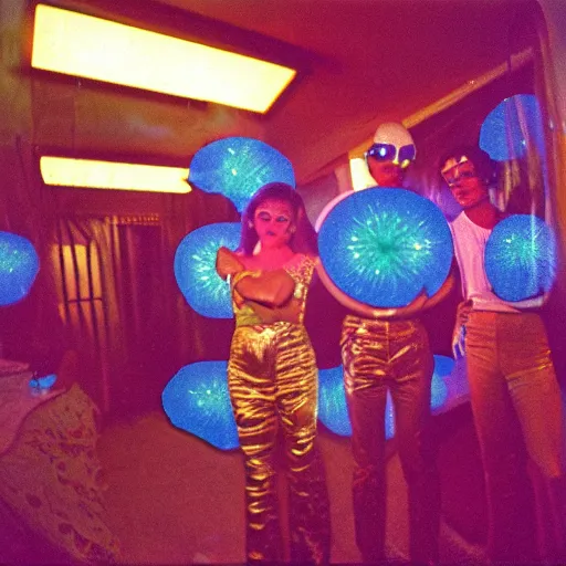 Prompt: first-person perspective view of three people wearing discowear having a party inside of a 1970s luxury bungalow with a rectangular infinity mirror on the wall, at dusk, ektachrome photograph, f8 aperture