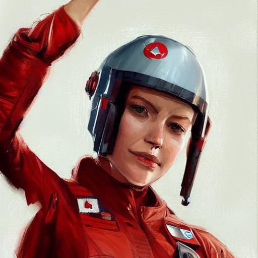 Image similar to portrait of a woman by greg rutkowski, a female starfighter pilot of the galactic triunvirate, wearing a red and white pilot uniform, star wars expanded universe, highly detailed portrait, digital painting, artstation, concept art, smooth, sharp foccus ilustration, artstation hq