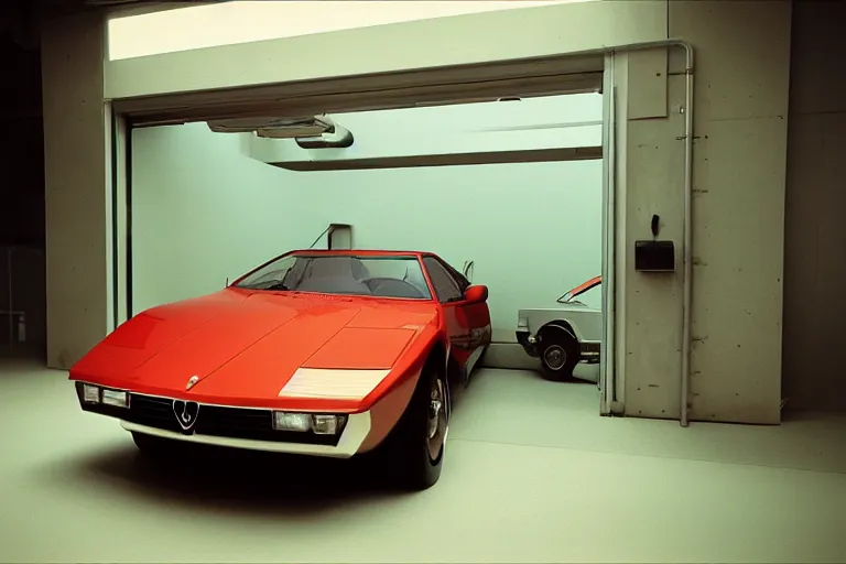 Prompt: stylized poser designed by Syd Mead of a single 1978 Maserati Alfa Romeo Montreal, inside of a minimalist Tokyo garage, ektachrome photograph, volumetric lighting, f8 aperture, cinematic Eastman 5384 film