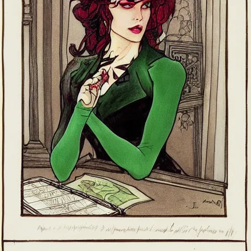 Image similar to a beautiful painting of poison ivy as a lawyer dressed in a three piece suit arguing a case in a court, dark eyeliner, intricate, elegant, highly detailed, digital painting, artstation, concept art, matte, sharp focus, illustration, art by rebecca guay and by arthur rackham and by alphonse mucha and by john william waterhouse