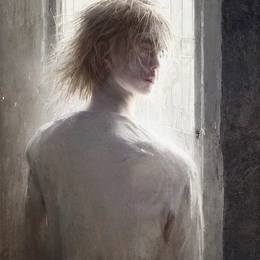 Image similar to a ghost boy with white!!!!!! hair quietly watching the living continue their lives. waterhouse. geoffroy thoorens.