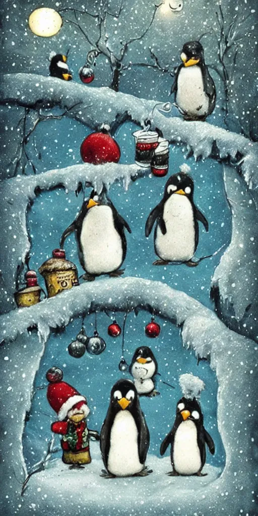 Image similar to a christmas card penguins scene by alexander jansson