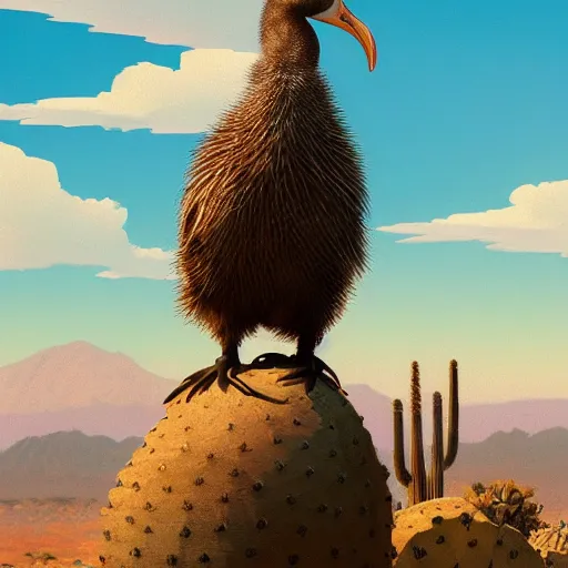 Prompt: A small Dodo bird perched atop a Saguaro cactus in the desert, digital art, trending on Artstation, high detail, sharp focus, illustration, art by artgerm and greg rutkowski and alphonse mucha.