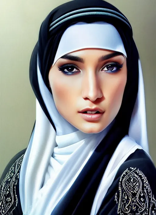 Image similar to arab female ameera al taweel, blue eyes, black hair, white veil, in the style of stefan kostic, realistic, sharp focus, 8k high definition, insanely detailed, intricate, elegant, art by stanley lau and artgerm