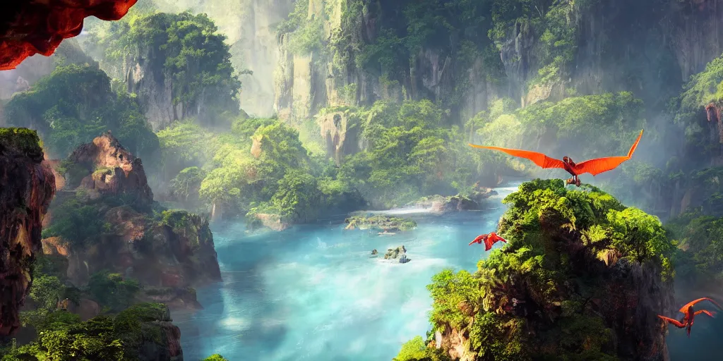 Image similar to wide angle view of swooping (orange red cerulean indigo) pterodactyl, over a deep canyon, mountainous jungle setting, trees, waterfall, river, rocks, dramatic lighting, highly detailed, artstation, unreal engine, matte painting in the style of craig mullins, Uncharted 4, fish eye lens, 8k HDR