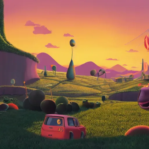 Prompt: A landscape from Cloudy with a Chance of Meatballs (2009), sunset time, award winning