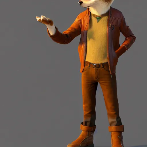 Image similar to portrait, 3 d render, anthropomorphic coyote male, wearing along brown leather maxi coat, in the style of zootopia, highly detailed attributes and atmosphere, dim volumetric cinematic lighting