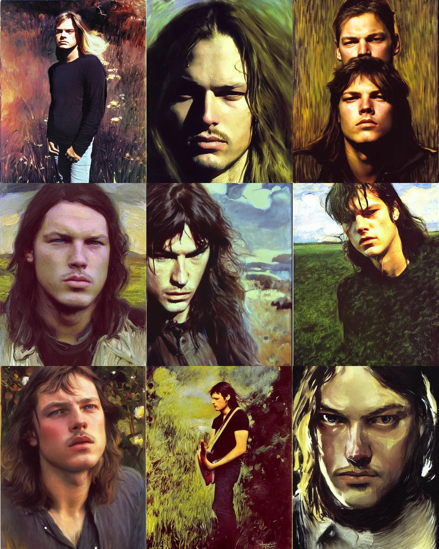 Prompt: david gilmour age 1 9 7 0 dramatic expression, plein air portrait painting by john singer sargent, john william waterhouse, donato giancola, fashion photography, psychedelic