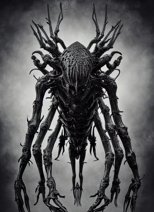 Prompt: a black and white high quality photo of a strange insectoid alien god with shiny carapace and many segmented legs, dark fantasy, sharp focus, vibrant, vivid, symmetry, highly detailed, cinematic, intricate lines, concept art by giger, tooth wu, beksinski, emil melmoth