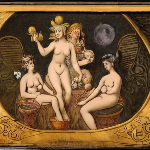 Image similar to The street art shows Venus seated on a crescent moon. She is surrounded by the goddesses Ceres and Bacchus, who are both holding cornucopias. patina, Hanna Barbera by Louis Icart, by Giovanni Battista Piranesi turbulent