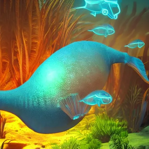 Prompt: smiling baby fish - aquatic tron dinosaurs with glowing blue bio - phosphorescent lines in body. rendered by pixar