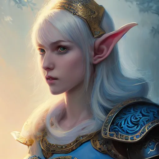 Image similar to young blonde female elf warrior in blue and white armor, surrounded by rabbit knights, epic wallpaper, high fantasy, flowers and trees, intricate detail, digital painting, artstation, concept art, smooth, sharp focus, illustration, art by greg rutkowski and wlop and raymond swanland and ross tran