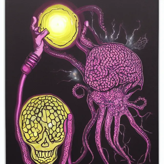 Prompt: a women holding a glowing brain, sparks, honeycomb, organic, femme, high voltage warning sign, pancakes, berries, octopus, surgical supplies, skull, scientific glassware, art materials, candle dripping wax, berry juice drips, neo - expressionism, surrealism, acrylic and spray paint and oilstick on canvas