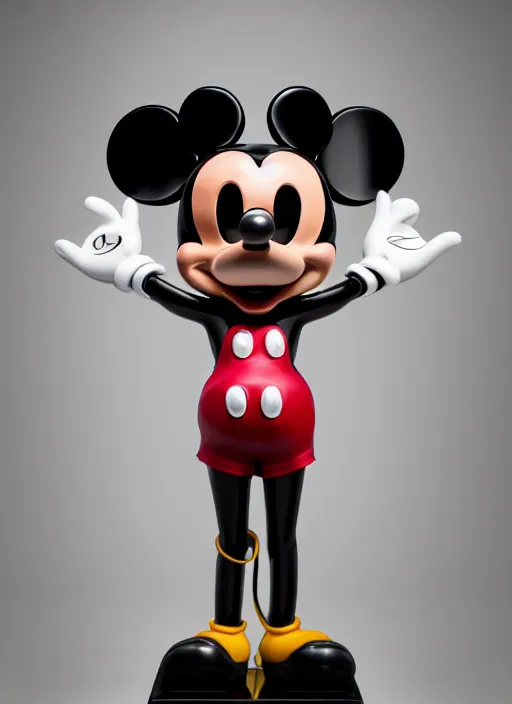 Image similar to stylized shiny latex rubber leather ornate statue full body made of marble of disney character mickey mouse, perfect symmetrical body, perfect symmetrical face, hyper realistic, hyper detailed, by johannen voss, by michelangelo, octane render, blender, 8 k, displayed in pure white studio room