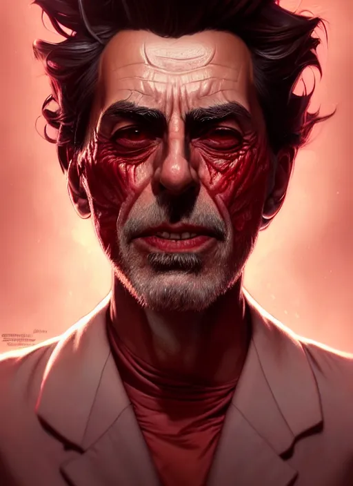 Prompt: ultra realistic illustration, handsome rick sanchez. dark red, blood, intricate, highly detailed, digital painting, artstation, concept art, smooth, sharp focus, illustration, art by artgerm and greg rutkowski and alphonse mucha and wlop