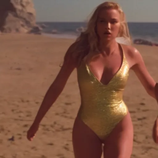 Prompt: a movie still a supermodel in a gold one-piece swimming suit in Baywatch 2049