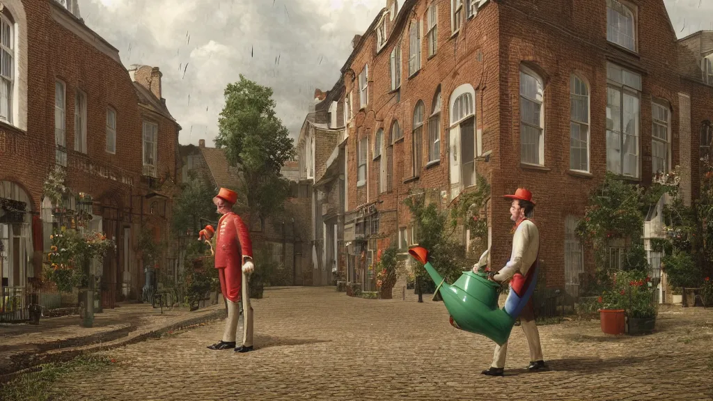 Prompt: Gulliver using a watering can to drop rain in the Lilliputian town of London, nineteenth century, photorealistic, f16, rendered in octane