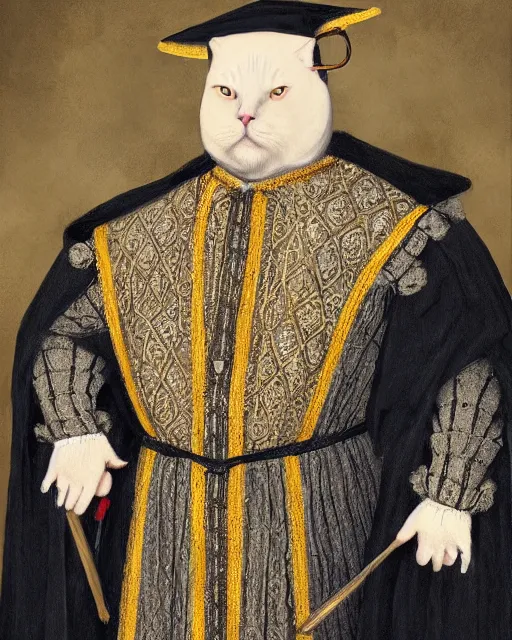 Image similar to fat gray cat with yellow eyes dressed like henry viii, tudor period menswear, greg rutkowski, royal portrait, painting