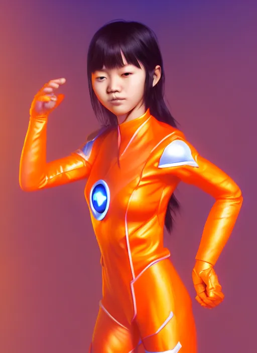 Image similar to teenage asian girl wearing an orange superhero costume, anime digital art, au naturel, hyper detailed, digital art, trending in artstation, cinematic lighting, studio quality, smooth render, unreal engine 5 rendered, octane rendered, art style by klimt and nixeu and ian sprigger and wlop and krenz cushart