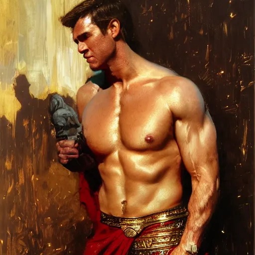 Image similar to detailed realistic cinematic wide shot of beautiful attractive muscular joe biden, roman empreror gold clothes wearing blue bath robe slim face symettrical face clean skin black eyes black robe smooth, sharp focus, ultra realistic, spring light, painting by gaston bussiere, craig mullins, j. c. leyendecker